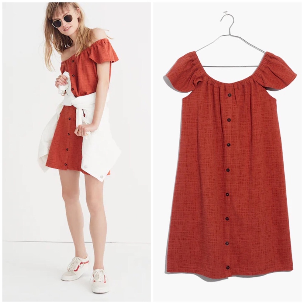 Madewell Red Texture Thread Button Front Ruffle Off-the-Shoulder Mini Dress XS